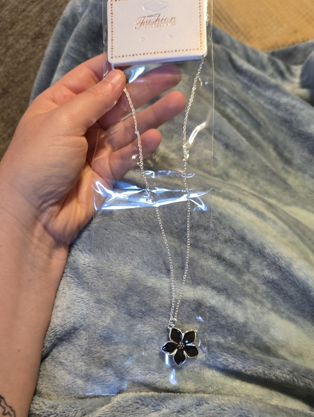 3/$10 Bundle Deals Silver Necklace with Black Flower Pendant